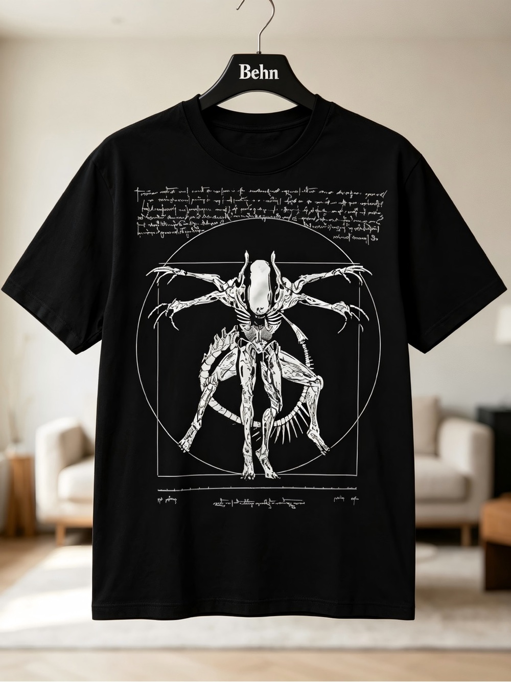 Alien Xenomorph Vitruvian Man Da Vinci Style Black Womens Mens T-shirt Unisex